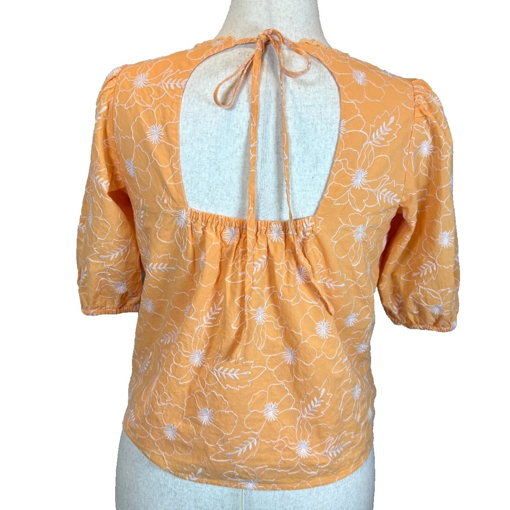 LOFT Orange Floral Embroidered Puff Sleeve Open Back Top Small Bohemian - Picture 2 of 9